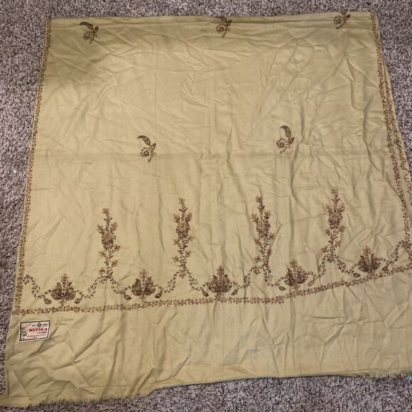 Nitika Embroidered Shawl Shinham SSI Handmade Floral Tan Raw Hem 81x39 Scarf - Picture 1 of 9